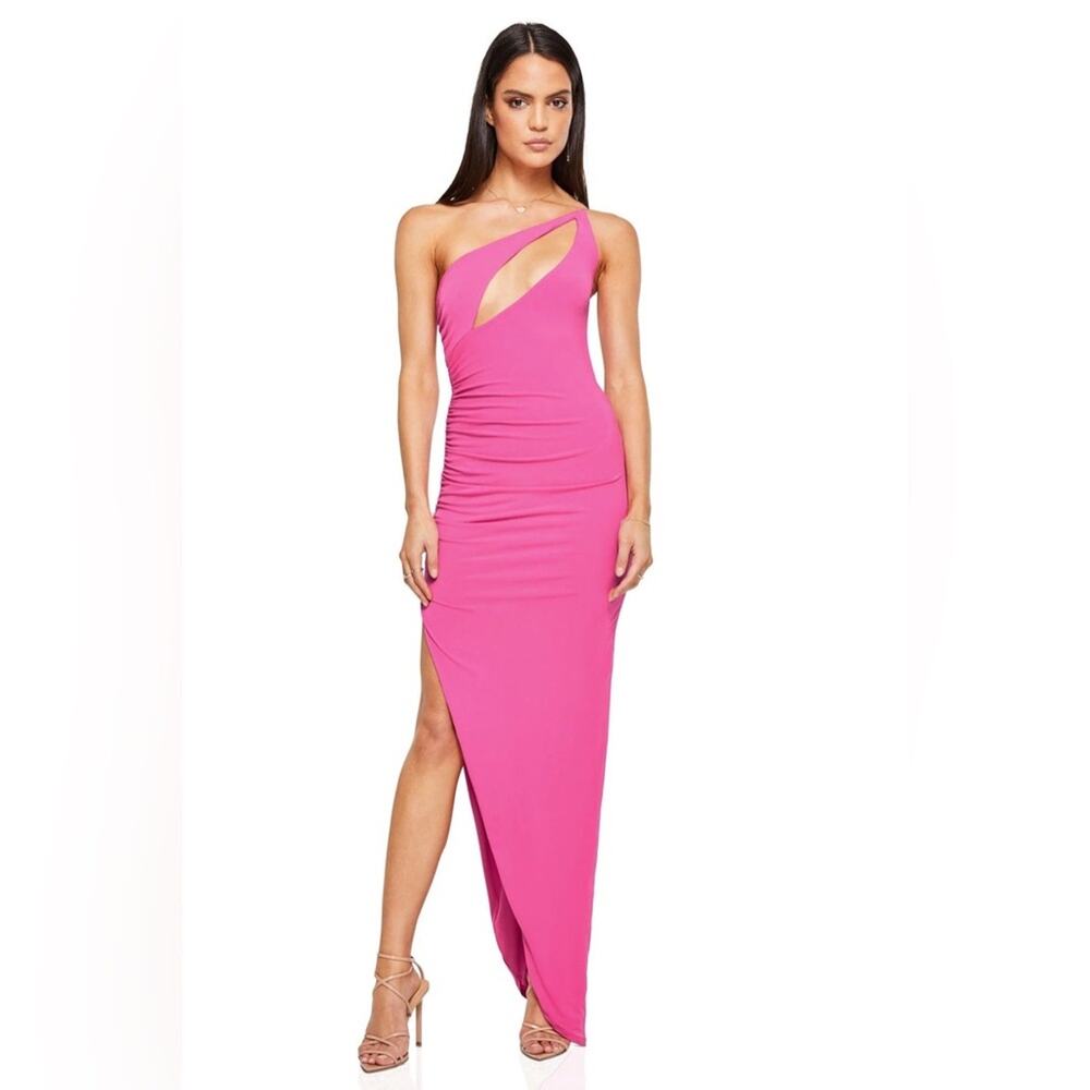 NWT Nookie Sz XS Neon Pink Envy Cut Out One Shoulder Asymmetric Maxi Party Dress